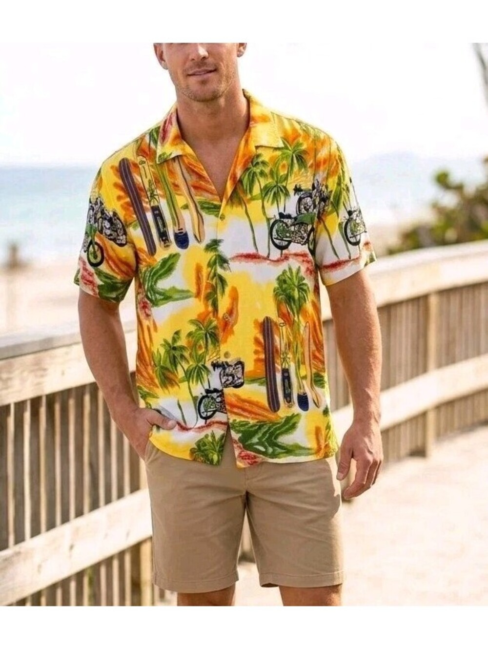 Thums Up Shirt Mens S Yellow Hawaiian Palm Tree Motorcycle Rayon Button Front